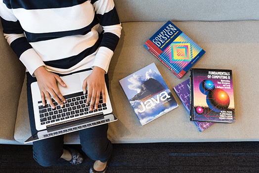 Beginner level: human sitting at a computer next to textbooks on Java programming and Fundamentals of Computing